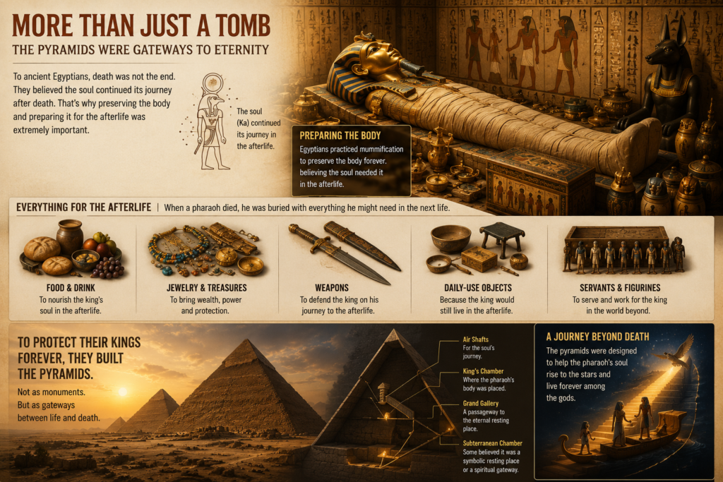 Illustration showing ancient Egyptian mummification, treasures, and pyramids built to protect pharaohs for the afterlife
