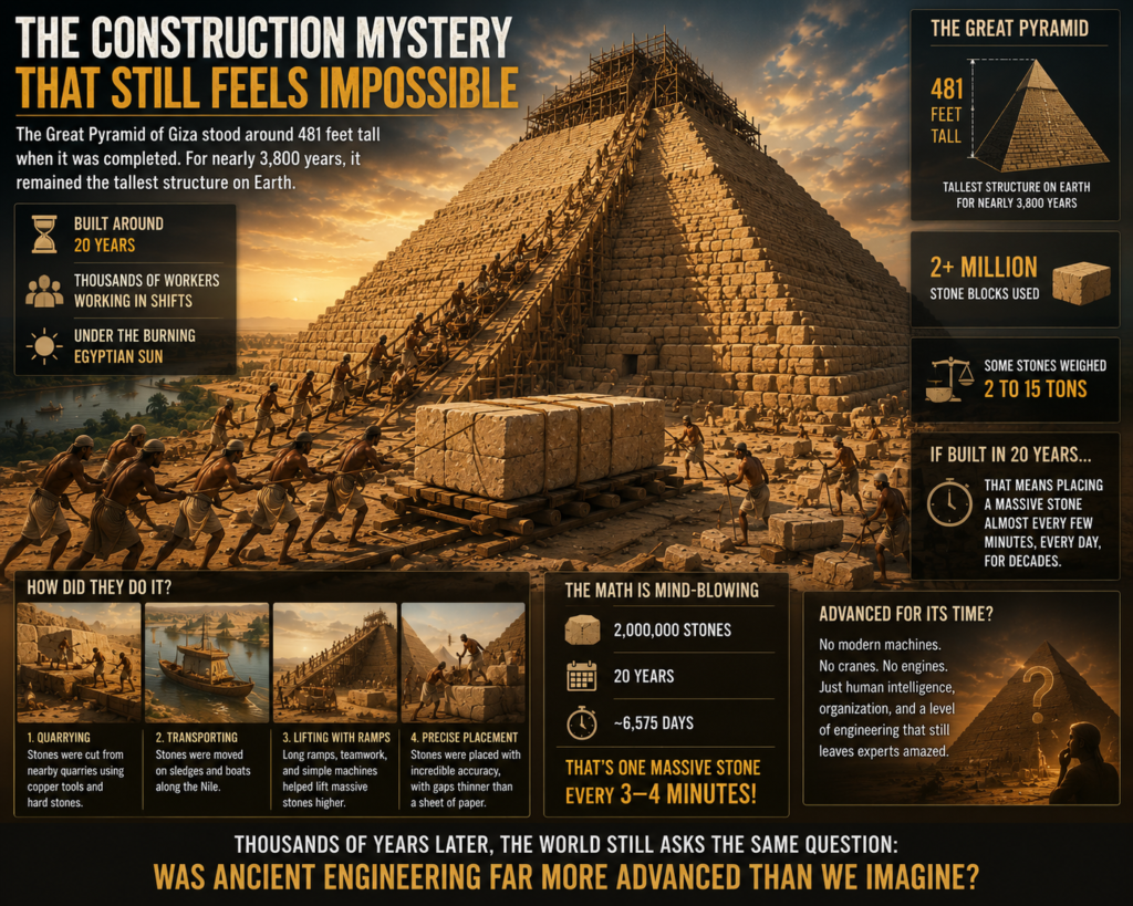 Ancient Egyptian workers building the Great Pyramid of Giza using ramps, stone blocks, and manual labor under the desert sun