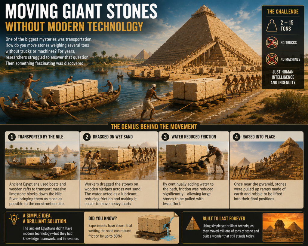 Ancient Egyptian workers transporting huge limestone blocks using wooden sledges, boats, and wet sand during pyramid construction