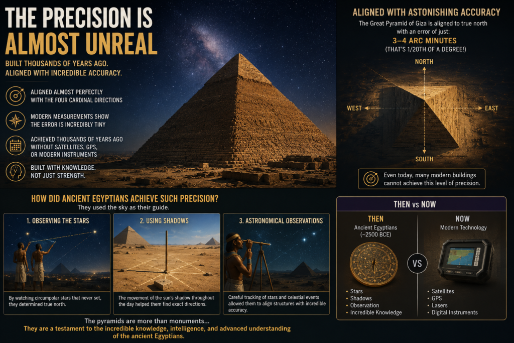 The Great Pyramid of Giza aligned with north, south, east, and west using ancient Egyptian astronomical observations and engineering