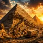 Ancient Egyptian workers transporting and placing massive stone blocks while building the Great Pyramid of Giza at sunset