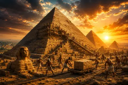 Ancient Egyptian workers transporting and placing massive stone blocks while building the Great Pyramid of Giza at sunset
