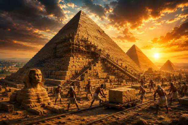 Ancient Egyptian workers transporting and placing massive stone blocks while building the Great Pyramid of Giza at sunset