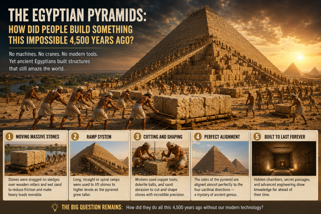 Ancient Egyptian workers transporting massive stone blocks and building the Great Pyramid of Giza using ramps and manual labor